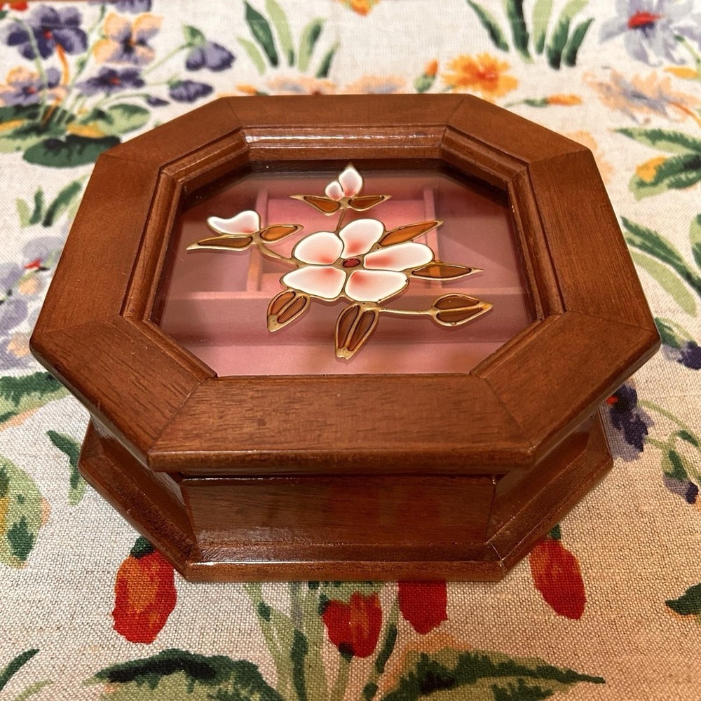 VTG Sears Flower Faux Stained Glass Wooden Trinket Jewelry Box Cottage Boho Mom